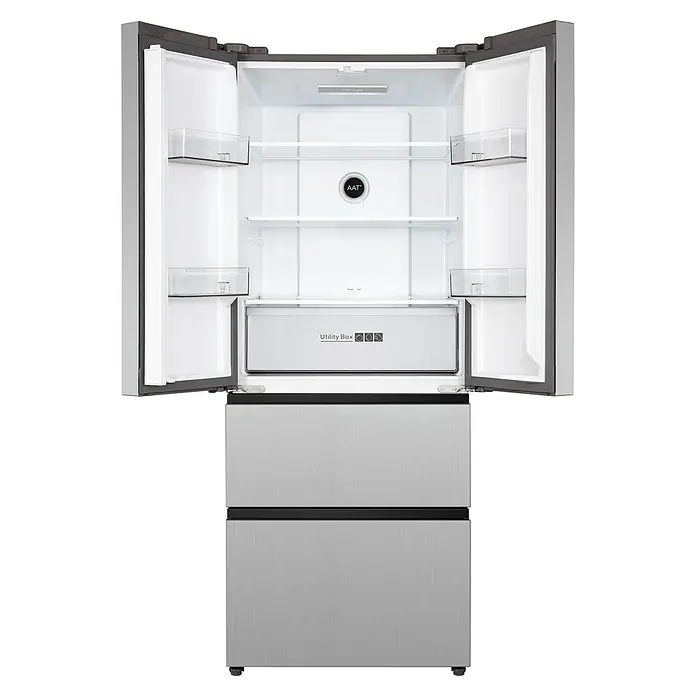 PKM Kühl-Gefrierkombination FD403ENFDIX - Nutzinhalt Gesamt: 403 l, 67,7 x 70,3 x 176,5 cm, Inox-Design - Silberner French-Door-Kühlschrank mit geöffneten oberen Türen, zeigt Innenfächer und Nutzschublade.