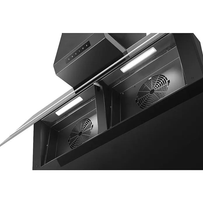 Wolkenstein Schräghaube WS49-90B - Breite: 89,6 cm, Max. Gebläseleistung Abluftbetrieb: 513,6 m³/h, Schwarz - Schwarze Dunstabzugshaube mit Innenventilatoren, LED-Lichtern und Bedienfeld.