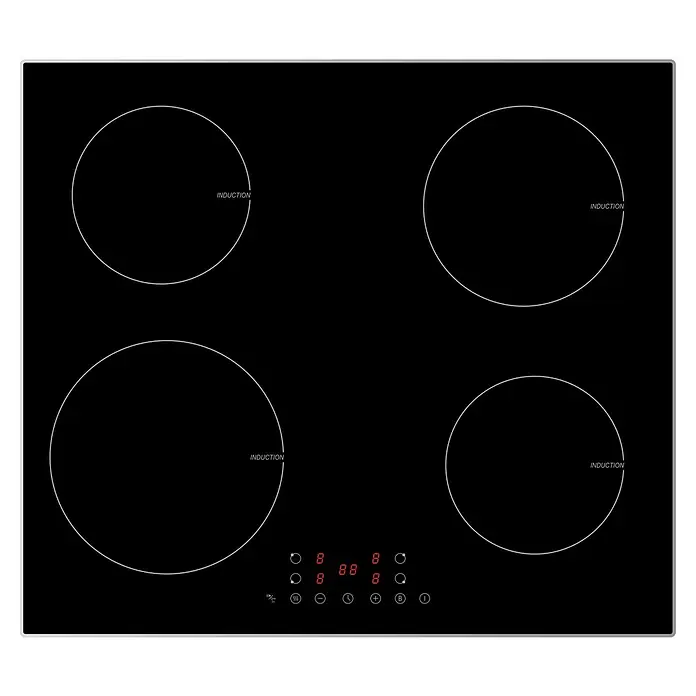 PKM Kochfeld IN4BGN - L x B: 52 x 59 cm, Anzahl Induktionskochstellen: 4 Stk. - Schwarzes Glas-Induktionskochfeld mit vier Kochzonen, weißen Ringumrissen und roten digitalen Touch-Bedienelementen.