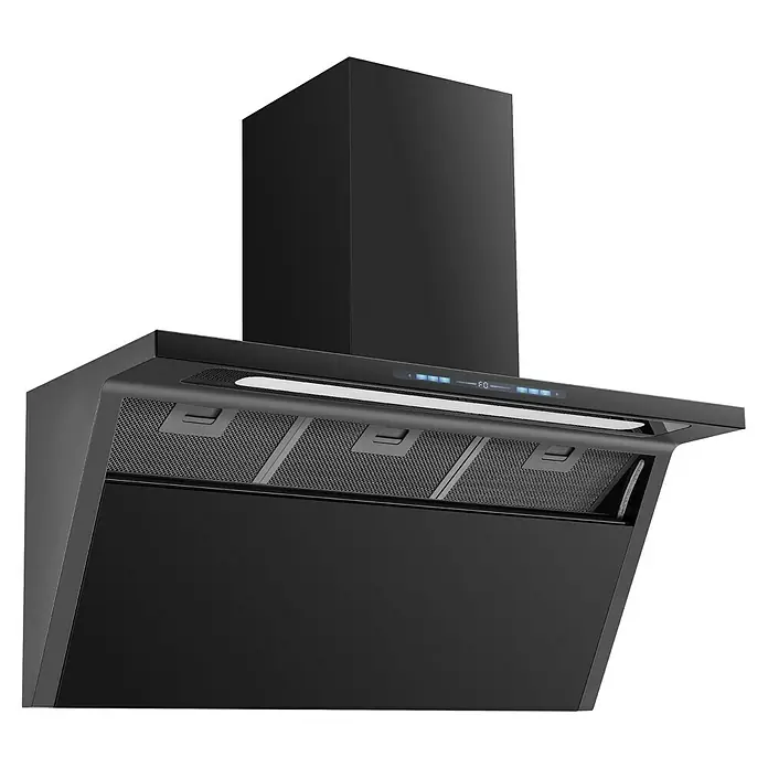 Wolkenstein Schräghaube WS55-90A++G - Breite: 89,8 cm, Max. Gebläseleistung Abluftbetrieb: 558 m³/h, Schwarz - Moderne schwarze Dunstabzugshaube mit Digitalanzeige und sichtbaren Metallfiltern.