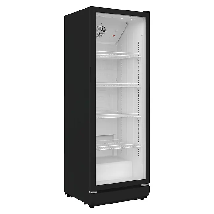 PKM Getränkekühlschrank GKS168B - 57,5 x 59,5 x 169,5 cm, Schwarz - Schwarzer gewerblicher Kühlschrank mit Glastür und verstellbaren Drahtregalen.