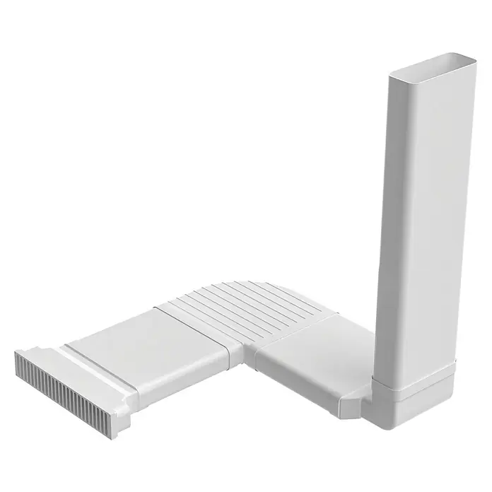 PKM Abluftschacht DA-KS1 - 30,6 x 80 cm, Weiß - Weißes rechteckiges Flachlüftungskanalsystem mit L-förmigem Winkelstück und Gitter an einem Ende.