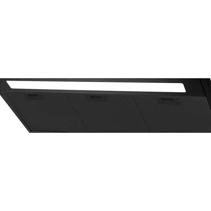 Wolkenstein Blockhaube WT3-90A++BR - Breite: 89,8 cm, Schwarz, Max. Gebläseleistung Abluftbetrieb: 540,6 m³/h - Unterseite einer schwarzen Dunstabzugshaube mit drei dunklen Metallfiltern und beleuchteter Lichtleiste.