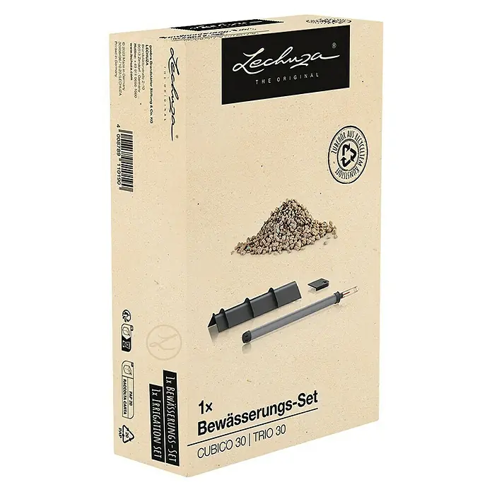 Lechuza Bewässerungs-Set - Kunststoff, Passend für: Cubico 30 / Trio 30 - Lechuza Bewässerungs-Set für Pflanzgefäße in hellbrauner Verpackung mit Substrat und grauen Teilen.
