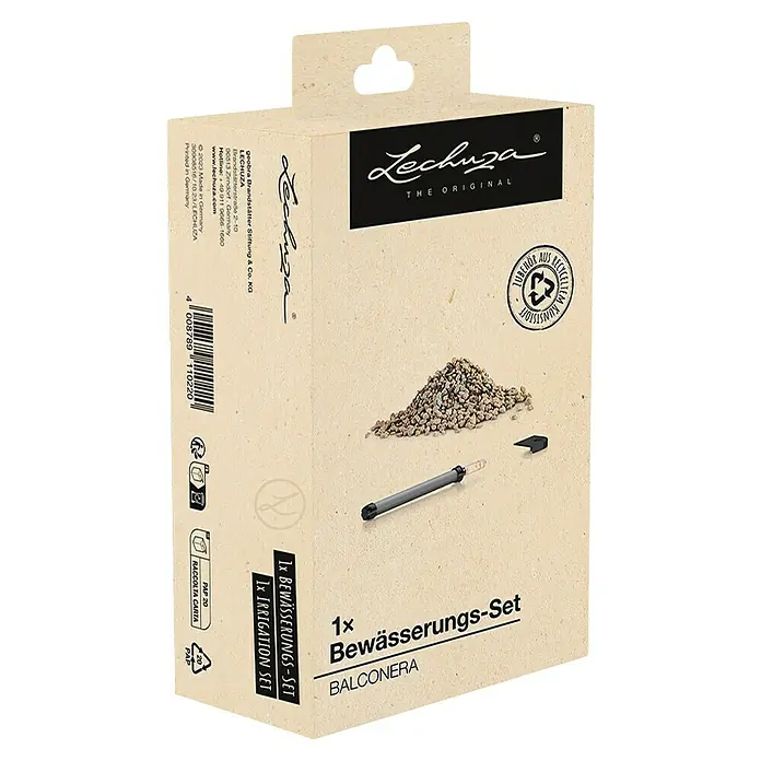 Lechuza Bewässerungs-Set - Kunststoff, Passend für: Balconera 50 und 80 - Lechuza Bewässerungs-Set für Balconera in hellbrauner Kartonverpackung, mit Tongranulat und Bewässerungsstick. Aus recyceltem Kunststoff.