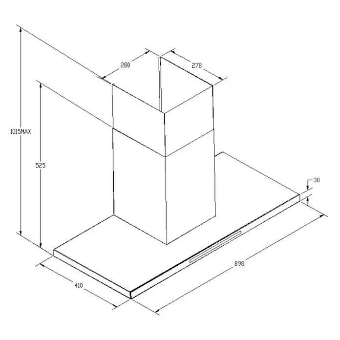 Wolkenstein Blockhaube WT3-90A++BR - Breite: 89,8 cm, Schwarz, Max. Gebläseleistung Abluftbetrieb: 540,6 m³/h - Bemaßte Zeichnung einer Dunstabzugshaube, mit Gesamtmaßen und Schornsteingröße.