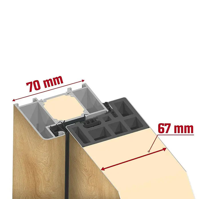 Splendoor Haustür Thermodoor PLUS SP20 Black Design - 100 x 210 cm, DIN Anschlag: Links, Eiche Natur/Tiefschwarz - Querschnitt eines Holzprofils mit grauen und schwarzen Innenteilen, Maße 70 mm und 67 mm.