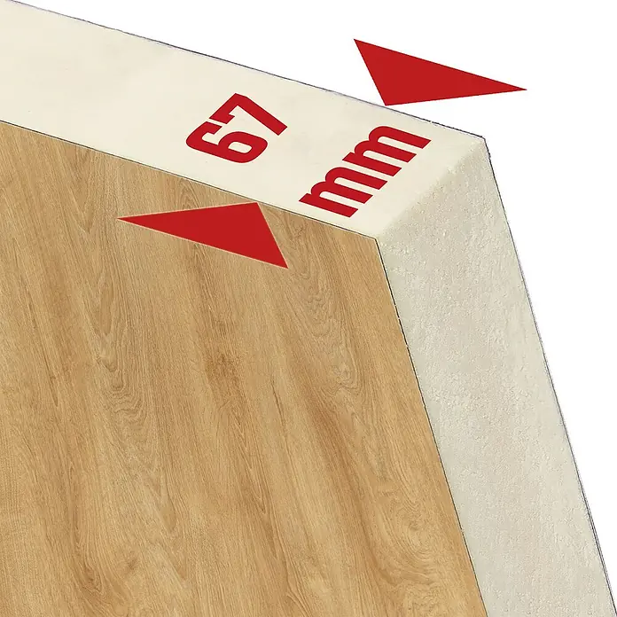Splendoor Haustür Thermodoor PLUS SP20 Black Design - 100 x 210 cm, DIN Anschlag: Links, Eiche Natur/Tiefschwarz - Holzfarbene Sockelleiste mit 67 mm Höhe, zeigt ihr Profil und die texturierte Rückseite.