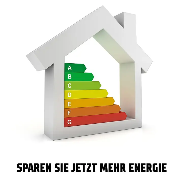 Splendoor Haustür Thermodoor PLUS SP70 Black Design - 110 x 210 cm, DIN Anschlag: Links, Eiche Natur/Tiefschwarz - Weißer 3D-Hausrahmen mit A-G Energieeffizienz-Diagramm. Text: "SPAREN SIE JETZT MEHR ENERGIE."