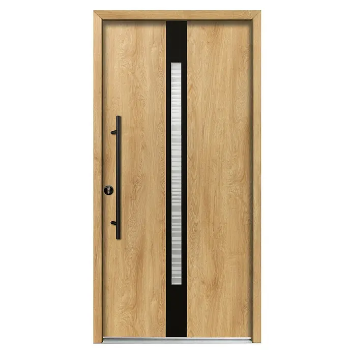 Splendoor Haustür Thermodoor PLUS SP20 Black Design - 100 x 210 cm, DIN Anschlag: Links, Eiche Natur/Tiefschwarz - Moderne helle Holztür mit schwarzem Streifen, Milchglas-Einsatz und schwarzem Stangengriff.
