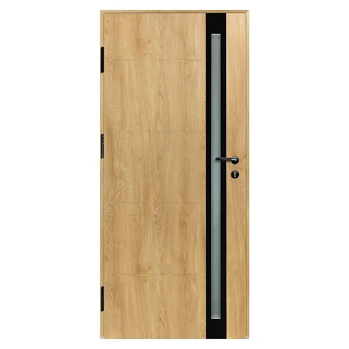 Splendoor Haustür Thermodoor PLUS SP30 Black Design - 110 x 210 cm, DIN Anschlag: Links, Eiche Natur/Tiefschwarz - Hellbraune Holztür mit horizontalen Rillen, vertikalem Milchglaseinsatz, schwarzem Rahmen, Griff und Schloss.