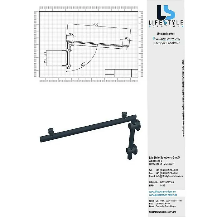 Glaszentrum Hagen Vordach BK Halter 190x90 cm L-Form - 190 x 90 x 45 cm, Schwarz