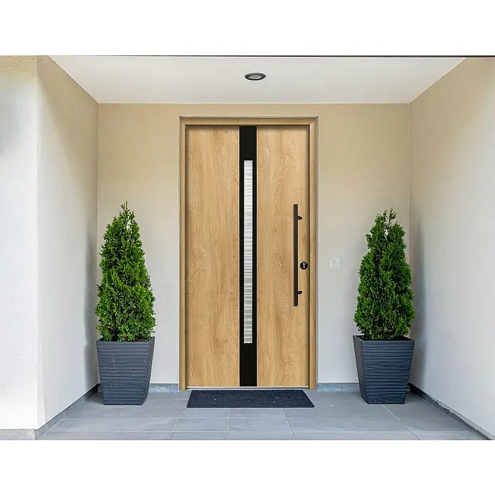 Splendoor Haustür Thermodoor PLUS SP20 Black Design - 100 x 210 cm, DIN Anschlag: Rechts, Eiche Natur/Tiefschwarz - Moderne Haustür aus hellem Holz mit schwarzem vertikalem Akzentstreifen und langem schwarzem Griff.