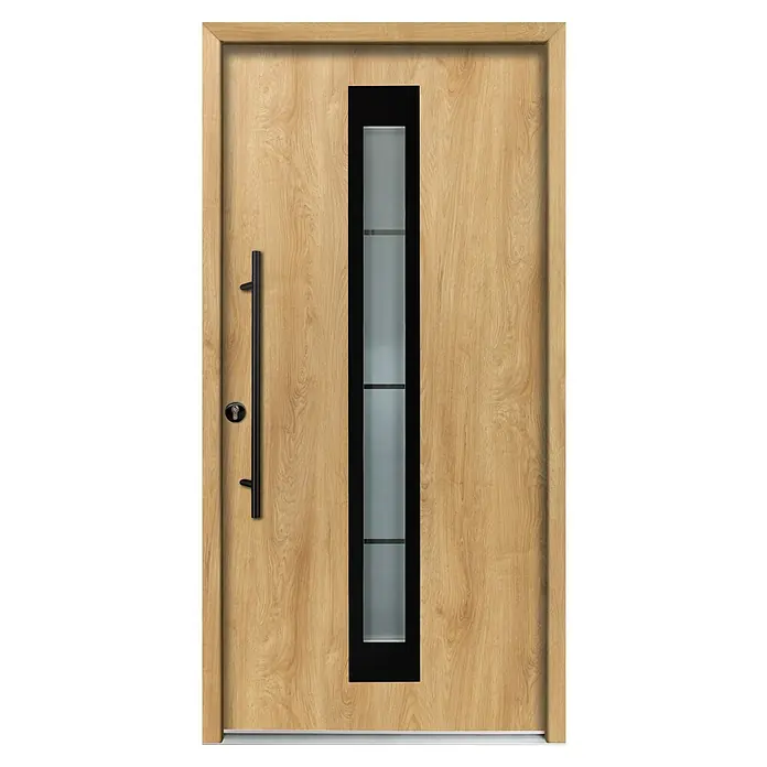 Splendoor Haustür Thermodoor PLUS SP45 Black Design - 110 x 210 cm, DIN Anschlag: Links, Eiche Natur/Tiefschwarz - Moderne Haustür aus hellem Holz mit vertikalem schwarzem Rahmen, Milchglaseinsatz und schwarzem Stangengriff.