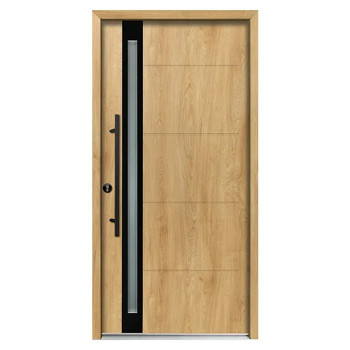 Splendoor Haustür Thermodoor PLUS SP30 Black Design - 110 x 210 cm, DIN Anschlag: Links, Eiche Natur/Tiefschwarz - Moderne Haustür aus hellem Holz mit schwarzem Rahmen, Milchglaseinsatz und langem schwarzem Griff.