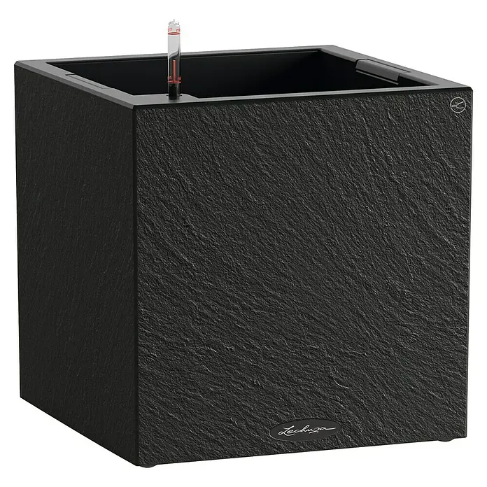 Lechuza Canto Pflanzkübel eckig Slatestone - Außenmaß (L x B x H): 40 x 40 x 40 cm, Kunststoff, Dark Grey - Schwarzer quadratischer Lechuza Pflanzkübel mit strukturierter Schieferoberfläche und Wasserstandsanzeiger.