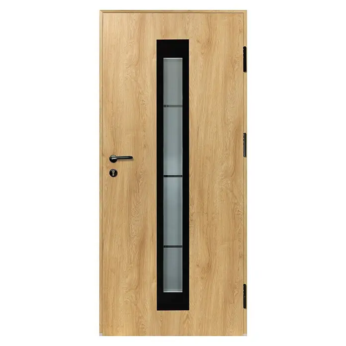 Splendoor Haustür Thermodoor PLUS SP45 Black Design - 100 x 210 cm, DIN Anschlag: Rechts, Eiche Natur/Tiefschwarz - Helle Holztür mit vertikalem schwarzem Rahmen und mattierten Glasscheiben, schwarzem Griff und Schlüsselloch.