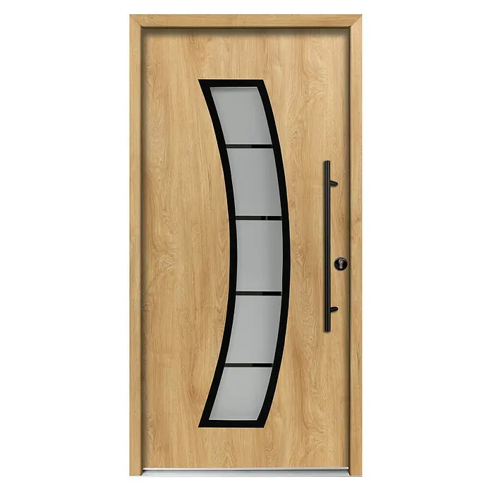 Splendoor Haustür Thermodoor PLUS SP10 Black Design - 100 x 210 cm, DIN Anschlag: Rechts, Eiche Natur/Tiefschwarz - Moderne helle Holztür mit gebogener Milchglas-Einlage und langem schwarzem Stangengriff.