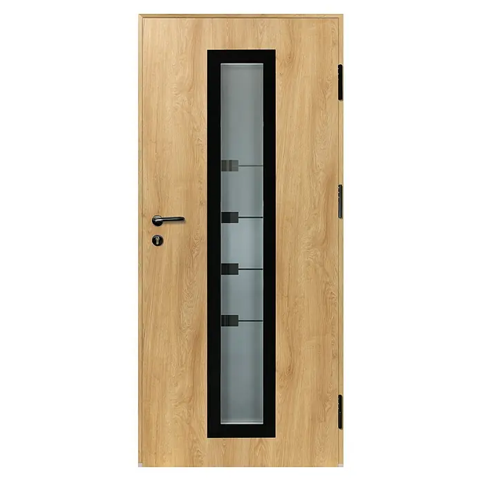 Splendoor Haustür Thermodoor PLUS SP80 Black Design - 100 x 210 cm, DIN Anschlag: Rechts, Eiche Natur/Tiefschwarz - Helle Holztür mit mittiger, schwarz gerahmter Milchglasscheibe, schwarzem Griff und Schloss.