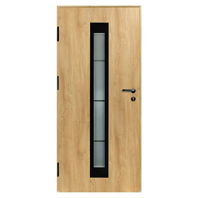Splendoor Haustür Thermodoor PLUS SP45 Black Design - 110 x 210 cm, DIN Anschlag: Links, Eiche Natur/Tiefschwarz - Helle Holztür mit vertikalem schwarzem Rahmen, Milchglaseinsätzen und schwarzem Griff/Schloss.