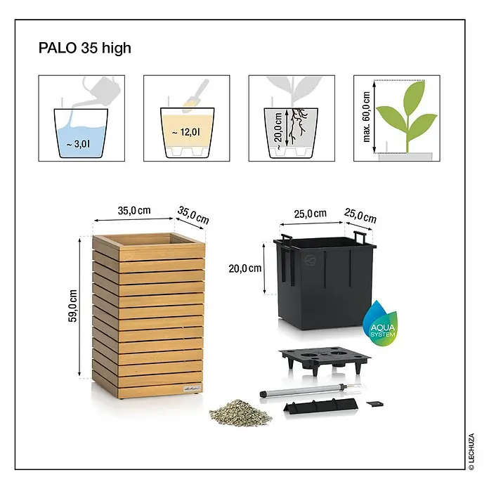 Lechuza Palo Pflanzkübel eckig Natural Wood - Außenmaß (L x B x H): 35 x 35 x 59 cm, Holz, Braun - Hölzerner PALO 35 high Pflanzkübel mit Lamellendesign, Innentopf, Selbstbewässerungssystem und Maßangaben.