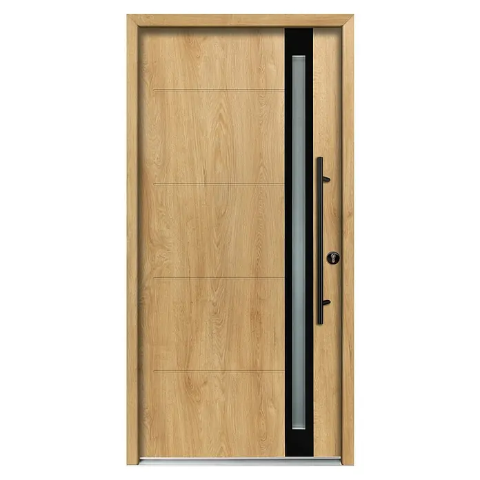 Splendoor Haustür Thermodoor PLUS SP30 Black Design - 100 x 210 cm, DIN Anschlag: Rechts, Eiche Natur/Tiefschwarz - Moderne Haustür aus hellem Holz mit vertikalem Schwarzglasfeld, schwarzem Griff und Schlüsselloch.