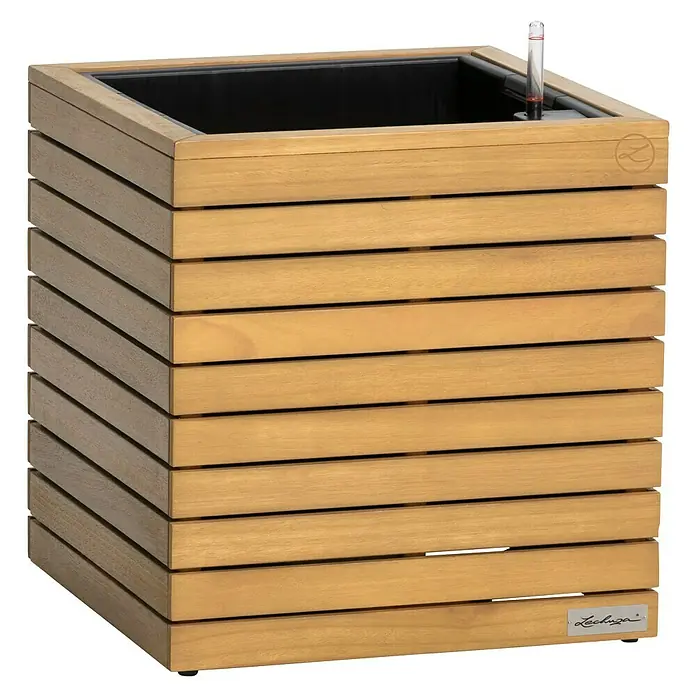 Lechuza Palo Pflanzkübel eckig Natural Wood - Außenmaß (L x B x H): 44 x 44 x 46 cm, Holz, Braun - Quadratischer, hellbrauner Pflanzkübel aus Holzlamellen mit schwarzem Einsatz und Wasserstandsanzeiger.