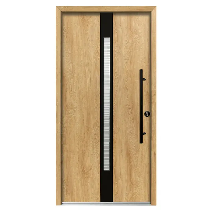 Splendoor Haustür Thermodoor PLUS SP20 Black Design - 100 x 210 cm, DIN Anschlag: Rechts, Eiche Natur/Tiefschwarz - Moderne Haustür in heller Holzoptik mit schwarzem vertikalem Streifen, gemustertem Fenster und schwarzem Türgriff.