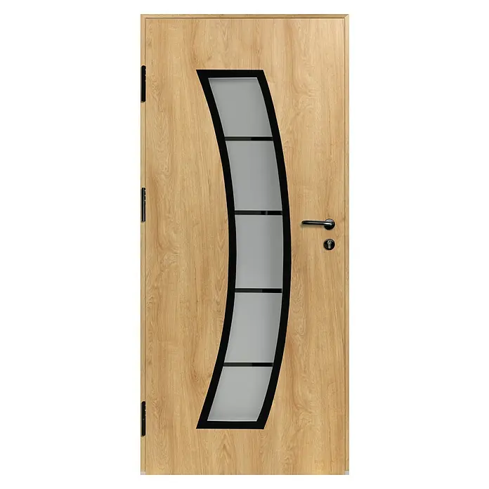 Splendoor Haustür Thermodoor PLUS SP10 Black Design - 100 x 210 cm, DIN Anschlag: Links, Eiche Natur/Tiefschwarz - Helle Eichenholz-Innentür mit geschwungenem Milchglaseinsatz, schwarzen Querstreben, schwarzem Griff und Schlüsselloch.