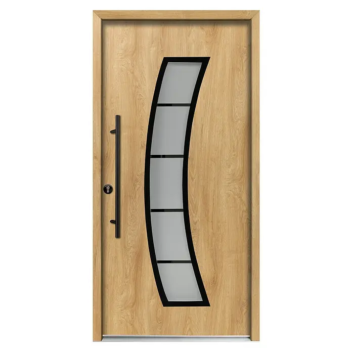 Splendoor Haustür Thermodoor PLUS SP10 Black Design - 100 x 210 cm, DIN Anschlag: Links, Eiche Natur/Tiefschwarz - Helle Holztür mit schwarzem, gebogenem Glaseinsatz und schwarzem vertikalen Griff.