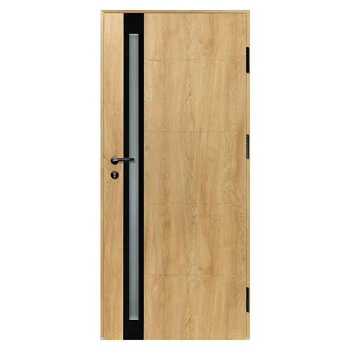 Splendoor Haustür Thermodoor PLUS SP30 Black Design - 100 x 210 cm, DIN Anschlag: Rechts, Eiche Natur/Tiefschwarz - Helle Holztür mit vertikalem Milchglaseinsatz, schwarzem Rahmen, Griff und Schlüsselloch.