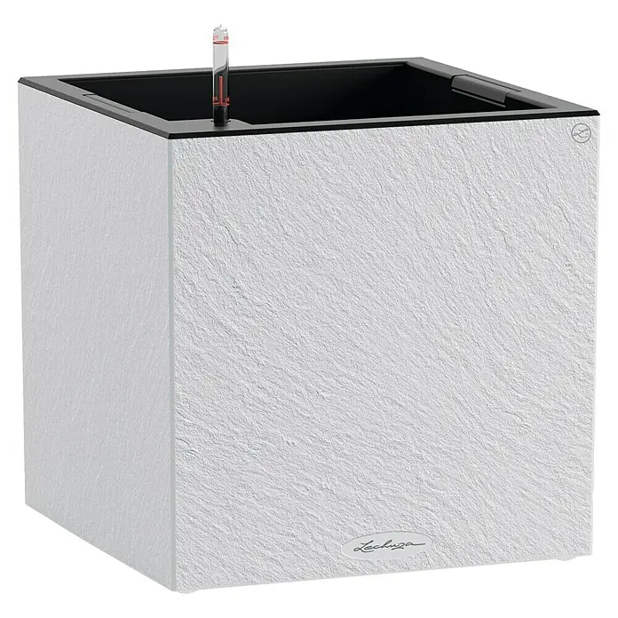 Lechuza Canto Pflanzkübel eckig Slatestone - Außenmaß (L x B x H): 40 x 40 x 40 cm, Kunststoff, Light Grey - Weißer strukturierter quadratischer Pflanzkübel mit schwarzem Rand und Wasserstandsanzeige.
