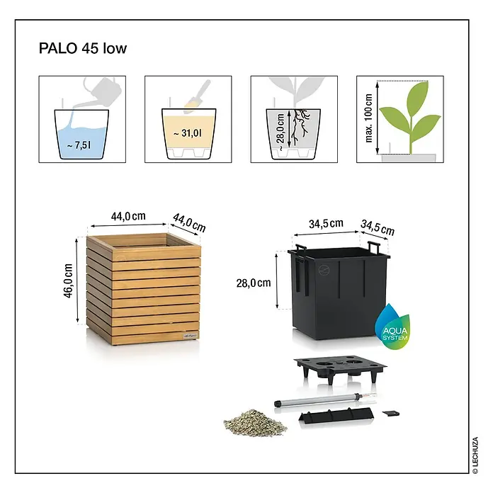 Lechuza Palo Pflanzkübel eckig Natural Wood - Außenmaß (L x B x H): 44 x 44 x 46 cm, Holz, Braun - PALO 45 low: quadratischer Pflanzkübel aus Holzlamellen mit schwarzem Selbstbewässerungs-Einsatz. 44x44x46cm, 7,5L Wasser, 31L Erde.