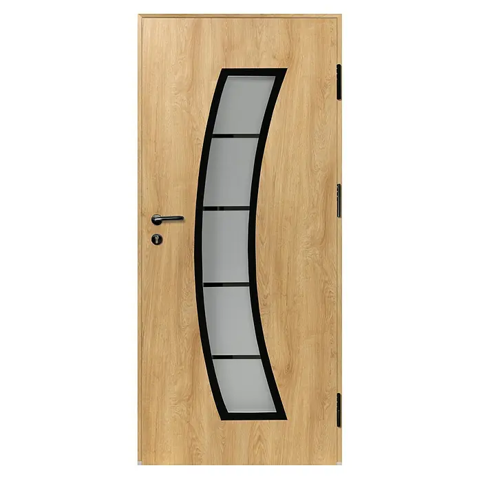 Splendoor Haustür Thermodoor PLUS SP10 Black Design - 100 x 210 cm, DIN Anschlag: Rechts, Eiche Natur/Tiefschwarz - Helle Eichentür mit gebogenem, schwarz gerahmtem Milchglaseinsatz, schwarzem Griff und Schlüsselloch.