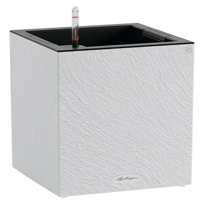 Lechuza Canto Pflanzkübel eckig Slatestone - Außenmaß (L x B x H): 30 x 30 x 30 cm, Kunststoff, Light Grey - Weißer, strukturierter quadratischer Pflanzkübel mit schwarzem Rand und Wasserstandsanzeiger.