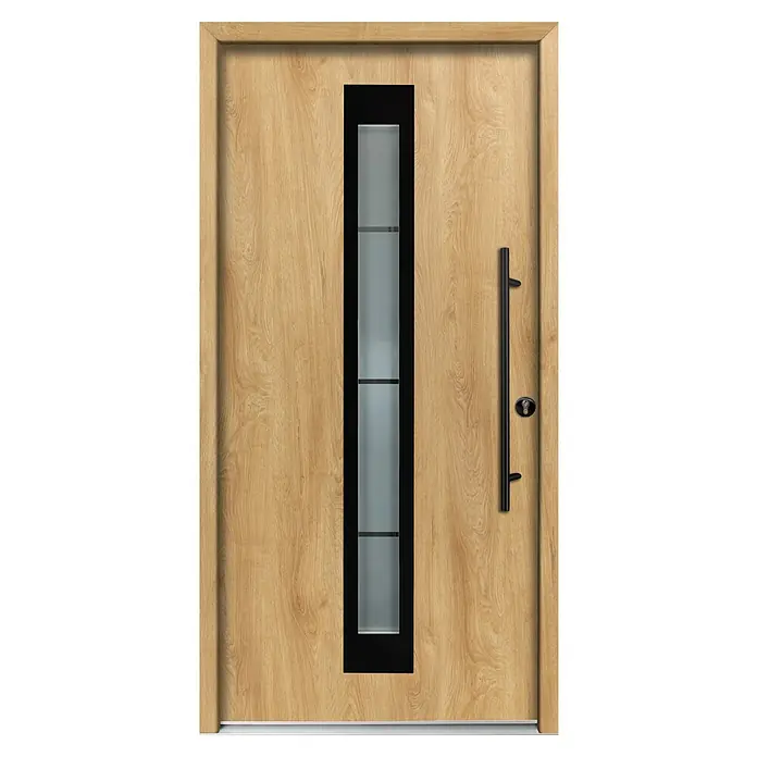 Splendoor Haustür Thermodoor PLUS SP45 Black Design - 100 x 210 cm, DIN Anschlag: Rechts, Eiche Natur/Tiefschwarz - Helle Holztür mit vertikalem schwarzem Paneel, Milchglaseinsätzen und langem schwarzem Stangengriff.