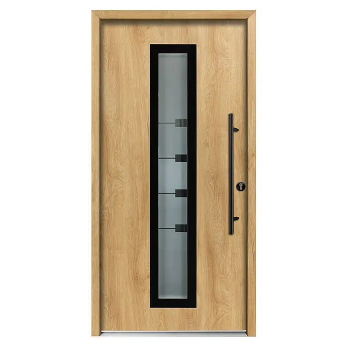 Splendoor Haustür Thermodoor PLUS SP80 Black Design - 100 x 210 cm, DIN Anschlag: Rechts, Eiche Natur/Tiefschwarz - Helle Holztür mit vertikalem Milchglasfeld, schwarzem Rahmen und langem schwarzem Stangengriff.