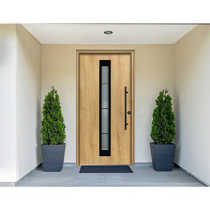 Splendoor Haustür Thermodoor PLUS SP45 Black Design - 100 x 210 cm, DIN Anschlag: Rechts, Eiche Natur/Tiefschwarz - Helle Holztür mit schwarzem vertikalem Glaseinsatz und langem schwarzem Griff.