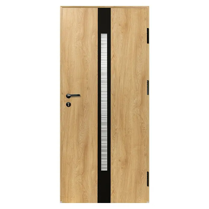 Splendoor Haustür Thermodoor PLUS SP20 Black Design - 100 x 210 cm, DIN Anschlag: Rechts, Eiche Natur/Tiefschwarz - Helle Holztür mit schwarzem Mittelstreifen und gestreifter Milchglasscheibe. Mit schwarzem Griff und Schloss.
