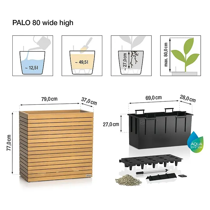 Lechuza Palo Pflanzkasten Natural Wood - Außenmaß (L x B x H): 77 x 37 x 78,5 cm, Holz, Braun - Hölzerner Lamellen-Pflanzkasten mit schwarzem Bewässerungssystem, Maße und Details.