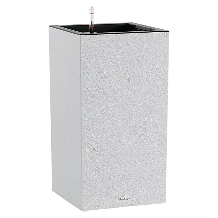 Lechuza Canto Pflanzsäule eckig Slatestone - Außenmaß (L x B x H): 30 x 30 x 56 cm, Kunststoff, Light Grey - Hohes weißes Lechuza Pflanzgefäß mit Steinoptik, schwarzem Rand und Wasserstandsanzeiger.