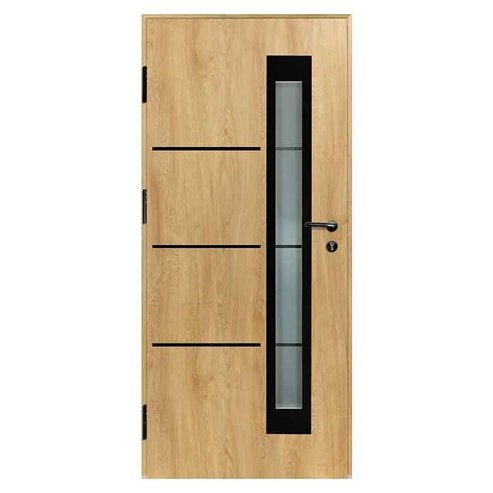 Splendoor Haustür Thermodoor PLUS SP50 Black Design - 100 x 210 cm, DIN Anschlag: Links, Eiche Natur/Tiefschwarz - Moderne helle Holztür mit schwarzen Zierleisten, satiniertem Glaspaneel und schwarzem Griff/Schloss.