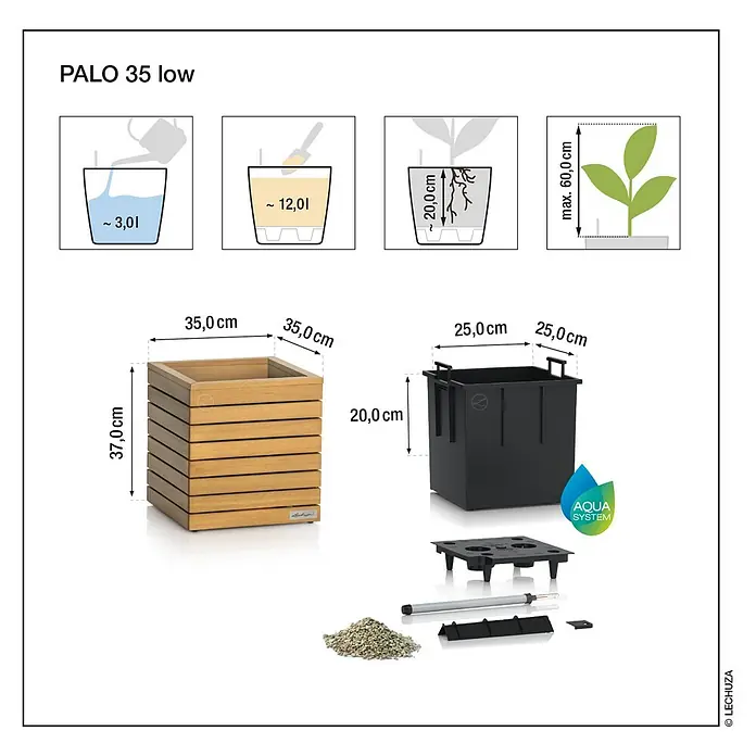 Lechuza Palo Pflanzkübel eckig Natural Wood - Außenmaß (L x B x H): 35 x 35 x 37 cm, Holz, Braun - Lechuza PALO 35 low Pflanzgefäß in Holzoptik mit schwarzem Bewässerungseinsatz und Komponenten. Zeigt Maße, Wasserspeicher (3.0L) und Erdvolumen (12.0L).