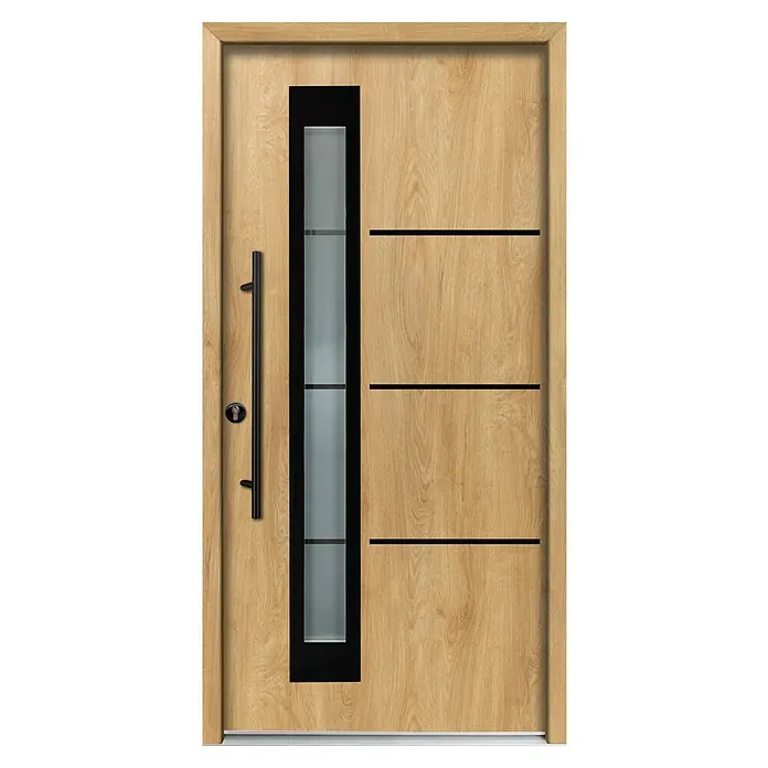 Splendoor Haustür Thermodoor PLUS SP50 Black Design - 100 x 210 cm, DIN Anschlag: Links, Eiche Natur/Tiefschwarz - Moderne Tür aus hellem Eichenholz mit vertikalem Milchglaspanel, langem schwarzem Griff und drei horizontalen schwarzen Linien.