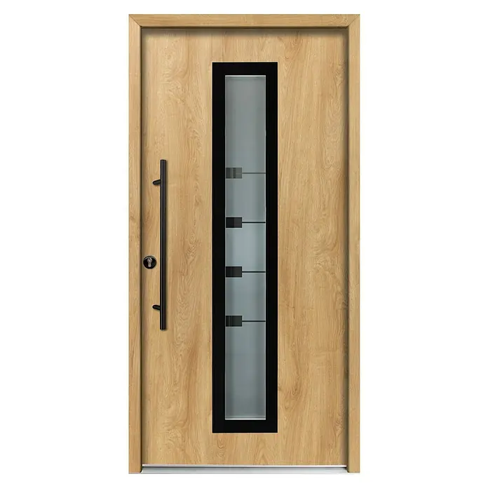 Splendoor Haustür Thermodoor PLUS SP80 Black Design - 100 x 210 cm, DIN Anschlag: Links, Eiche Natur/Tiefschwarz - Moderne helle Holztür mit schwarzem Griff und mattierter Glaseinlage.