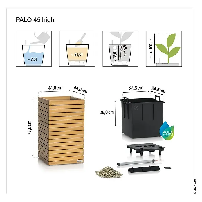 Lechuza Palo Pflanzkübel eckig Natural Wood - Außenmaß (L x B x H): 44 x 44 x 77 cm, Holz, Braun - PALO 45 high Pflanzgefäß aus Holz (77cm) mit Bewässerungssystem-Komponenten, zeigt 7,5L Wasser- und 31L Erdvolumen.