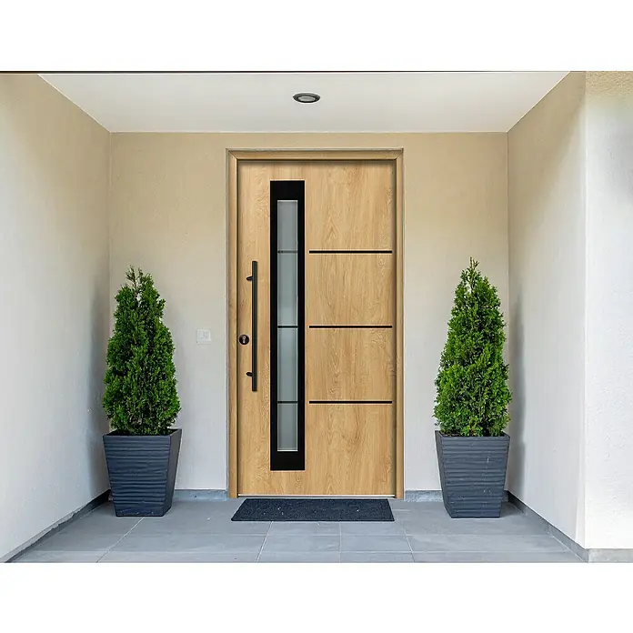 Splendoor Haustür Thermodoor PLUS SP50 Black Design - 100 x 210 cm, DIN Anschlag: Links, Eiche Natur/Tiefschwarz - Moderne Haustür aus hellem Holz mit schwarzer Glasplatte und Akzenten, langer schwarzer Griff, in einem Hauseingang.