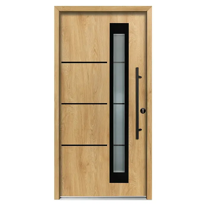 Splendoor Haustür Thermodoor PLUS SP50 Black Design - 100 x 210 cm, DIN Anschlag: Rechts, Eiche Natur/Tiefschwarz - Moderne Haustür aus hellem Holz mit vertikalem dunklen Glaseinsatz, horizontalen dunklen Linien und langem schwarzem Griff.
