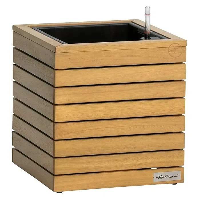 Lechuza Palo Pflanzkübel eckig Natural Wood - Außenmaß (L x B x H): 35 x 35 x 37 cm, Holz, Braun - Hellbrauner Pflanzkübel aus Holzlamellen mit schwarzem Einsatz und Wasserstandsanzeiger.
