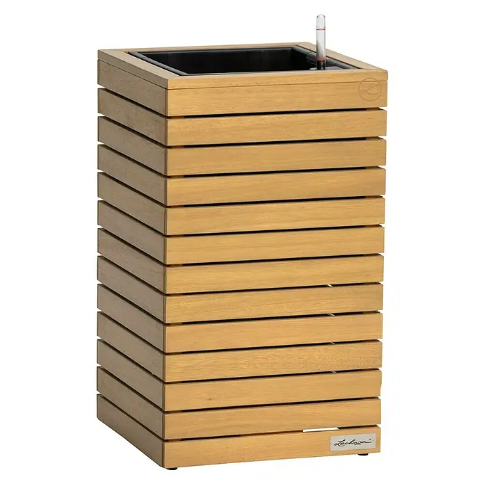 Lechuza Palo Pflanzkübel eckig Natural Wood - Außenmaß (L x B x H): 35 x 35 x 59 cm, Holz, Braun - Hoher rechteckiger Blumentopf aus hellem Holz mit Lamellendesign und Wasserstandsanzeige.